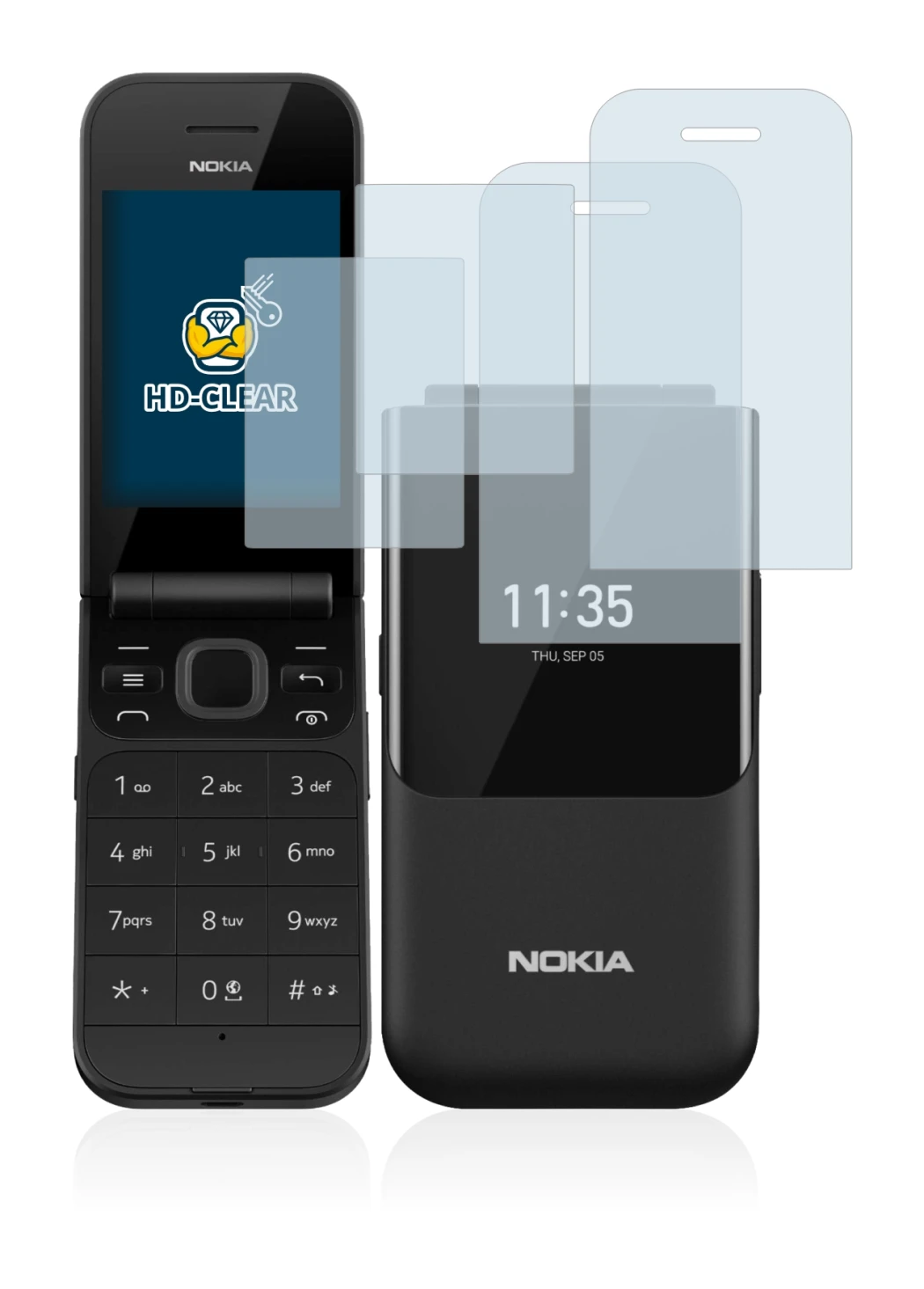 Immagine del dispositivo Nokia 2720 Flip con un'ampia varietà di protezioni per lo schermo.