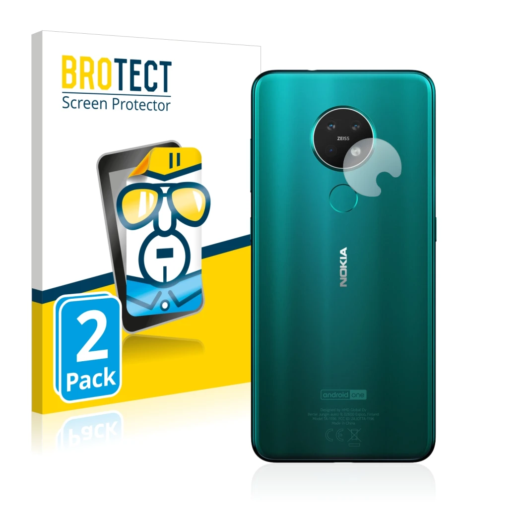 Parte frontale di una confezione del prodotto con il logo del marchio BROTECT. Accanto è raffigurato il dispositivo Nokia 7.2 