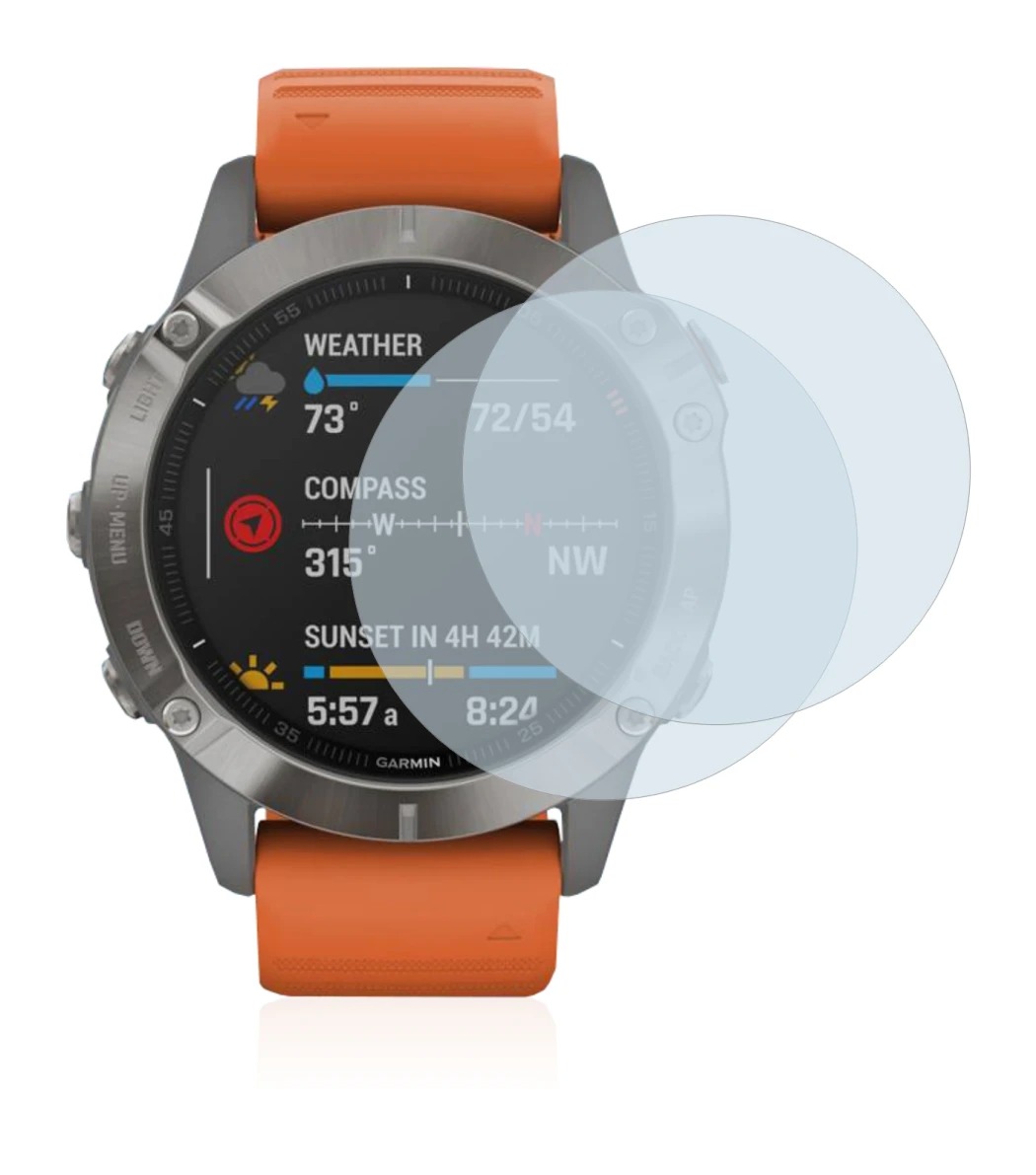 Immagine del dispositivo Garmin Fenix 6 con un'ampia varietà di protezioni per lo schermo.