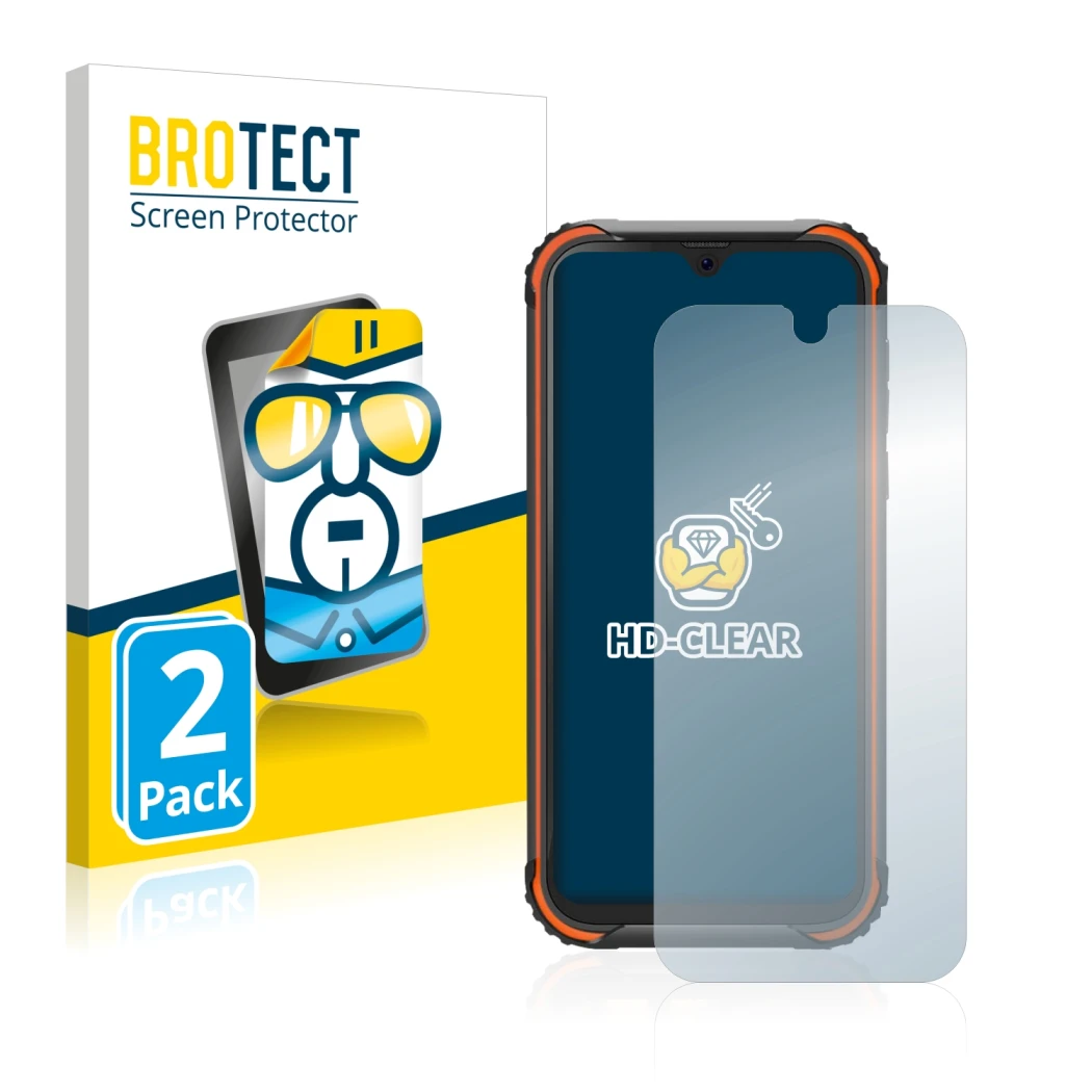 Parte frontale di una confezione del prodotto con il logo del marchio BROTECT. Accanto è raffigurato il dispositivo Blackview