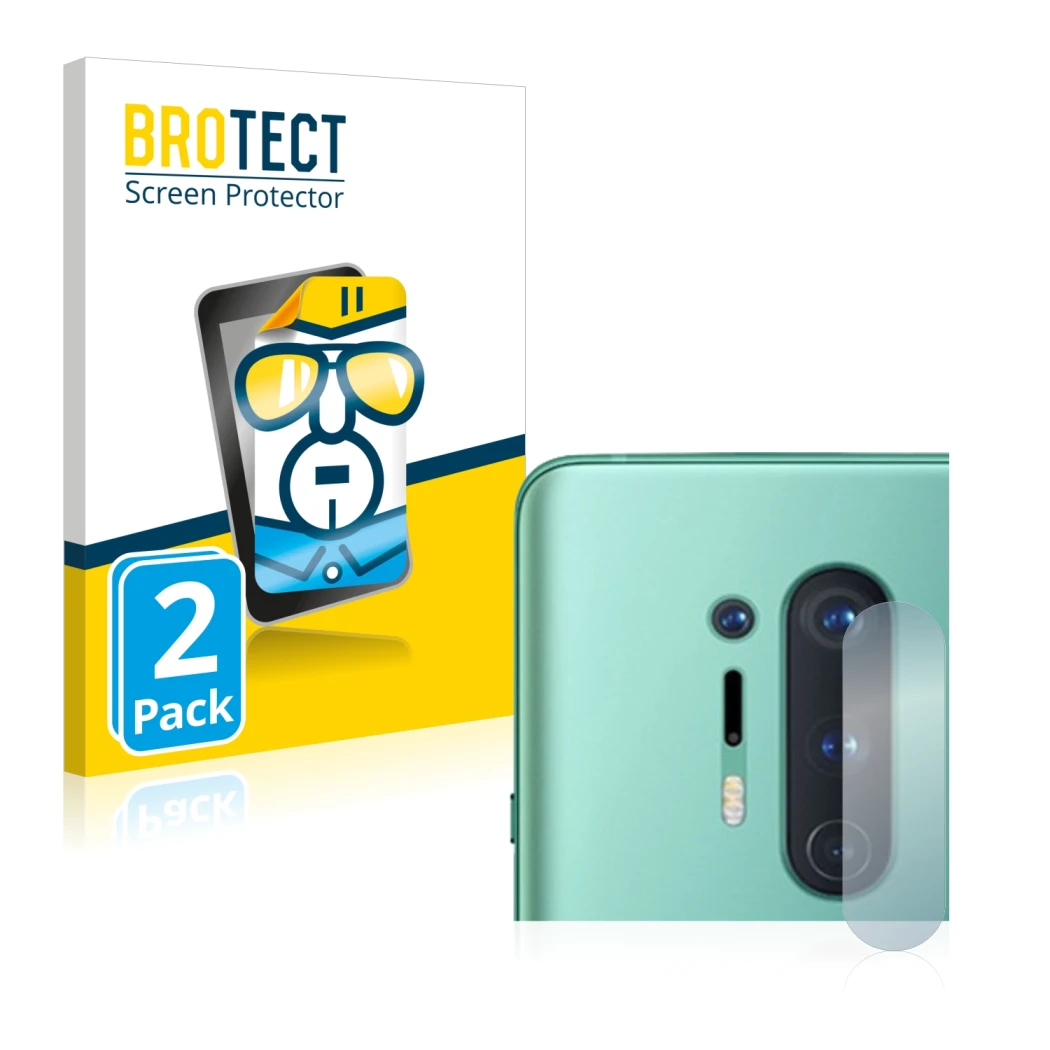 Parte frontale di una confezione del prodotto con il logo del marchio BROTECT. Accanto è raffigurato il dispositivo OnePlus 8 