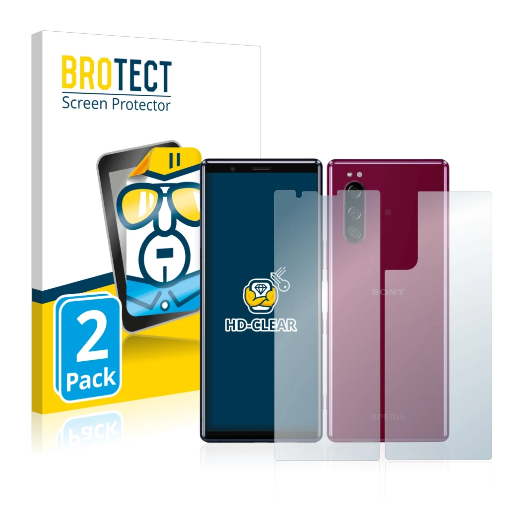 Parte frontale di una confezione del prodotto con il logo del marchio BROTECT. Accanto è raffigurato il dispositivo Sony Xperi