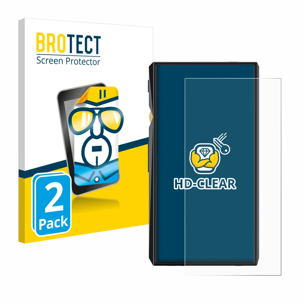 Parte frontale di una confezione del prodotto con il logo del marchio BROTECT. Accanto è raffigurato il dispositivo FiiO M11 P