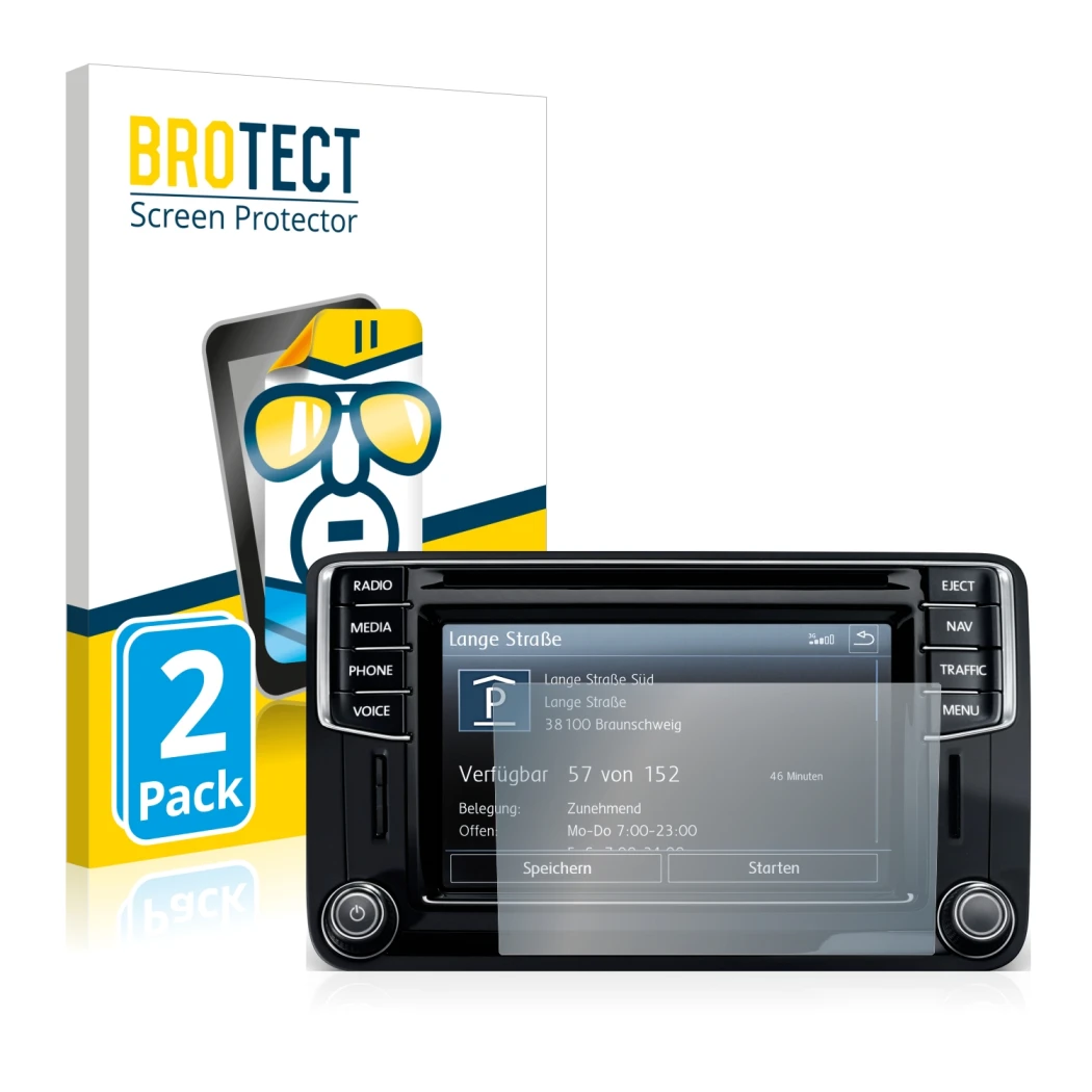 Parte frontale di una confezione del prodotto con il logo del marchio BROTECT. Accanto è raffigurato il dispositivo Volkswagen