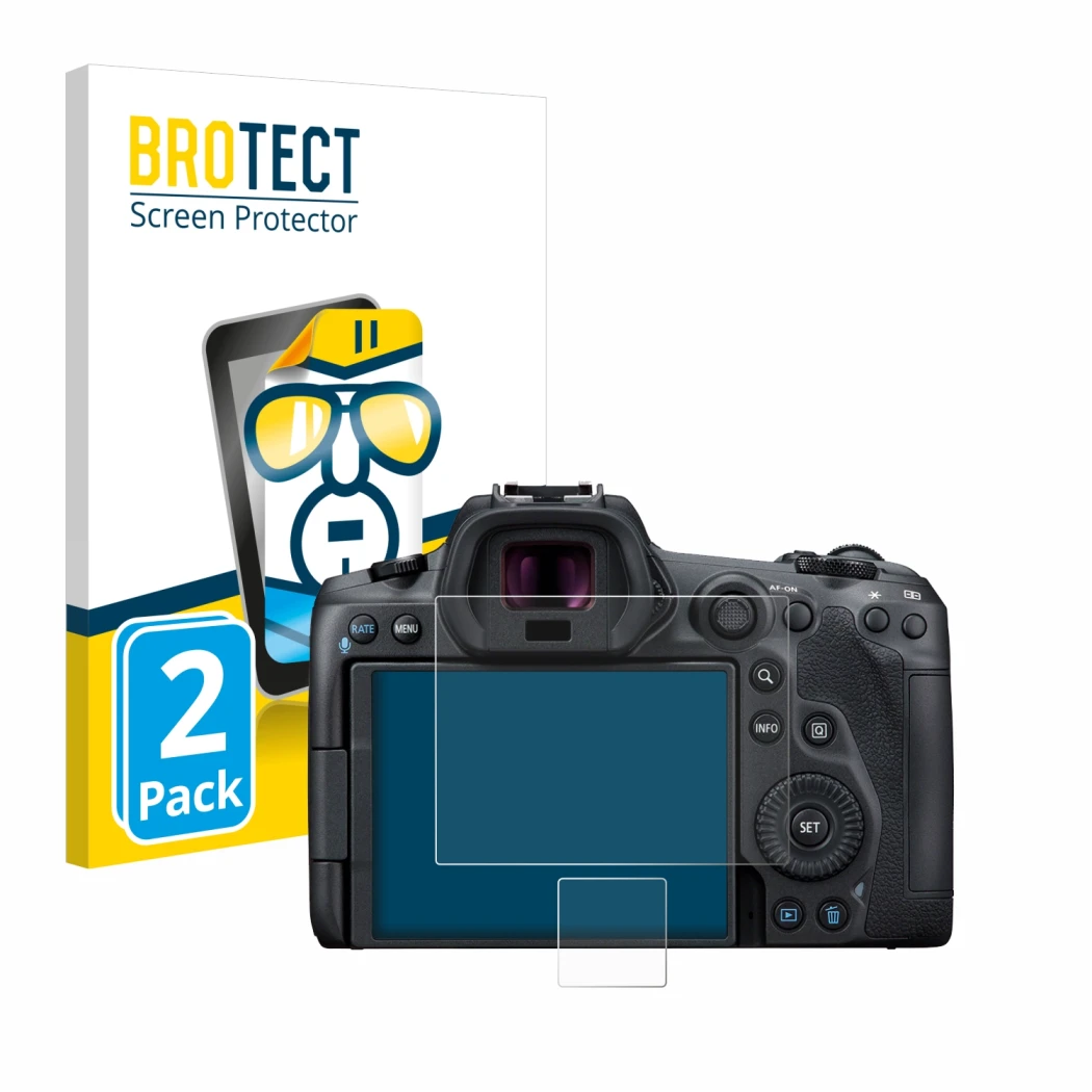 Parte frontale di una confezione del prodotto con il logo del marchio BROTECT. Accanto è raffigurato il dispositivo Canon EOS