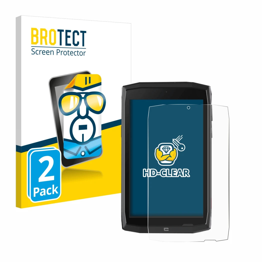 Parte frontale di una confezione del prodotto con il logo del marchio BROTECT. Accanto è raffigurato il dispositivo Crosscall 