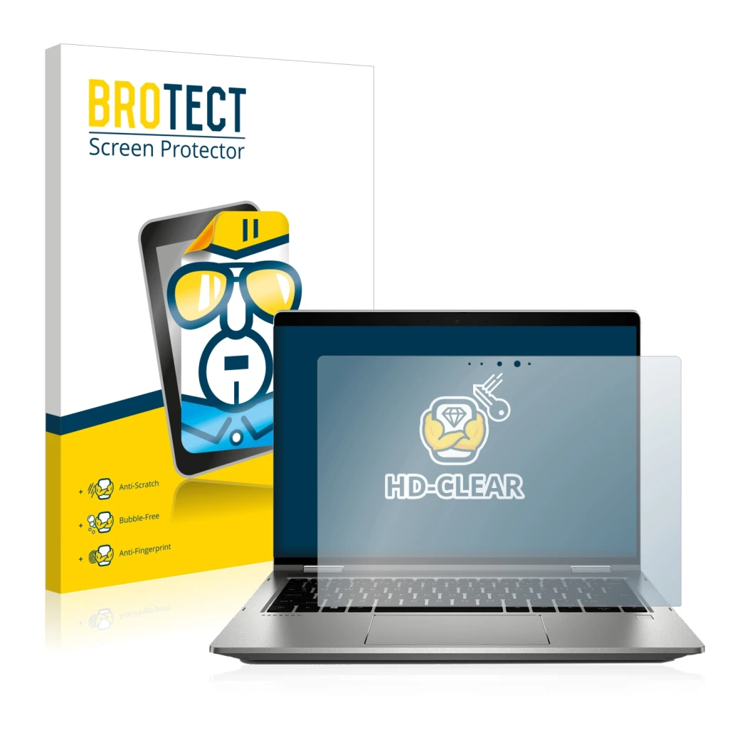 Parte frontale di una confezione del prodotto con il logo del marchio BROTECT. Accanto è raffigurato il dispositivo HP ProBook