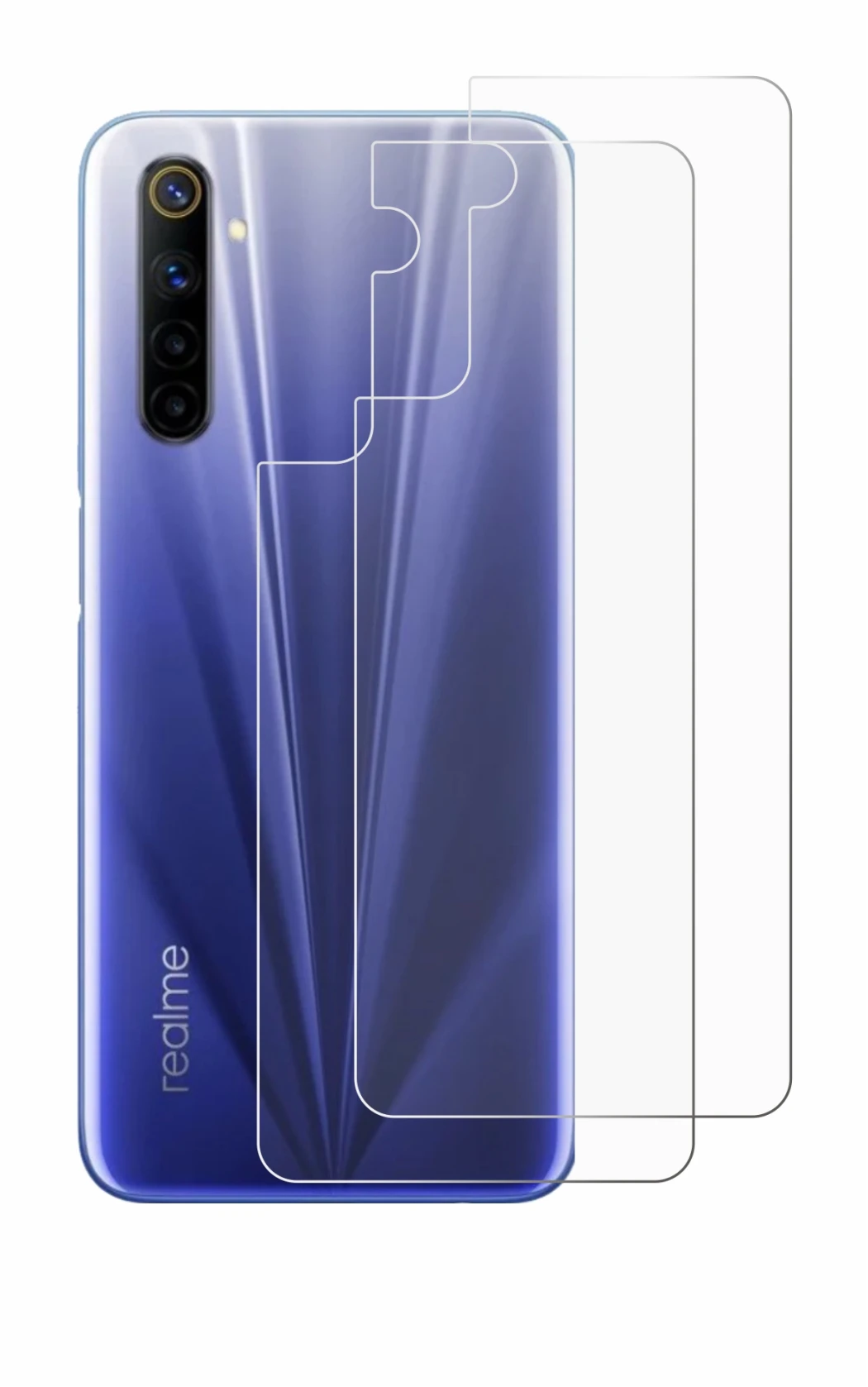 Immagine del dispositivo realme 6 (Posteriore) con un'ampia varietà di protezioni per lo schermo.