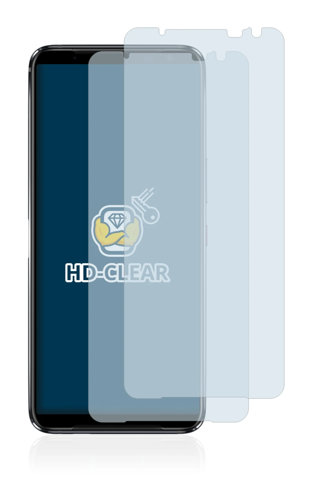 Immagine del dispositivo ASUS ROG Phone 3 ZS661KS con un'ampia varietà di protezioni per lo schermo.