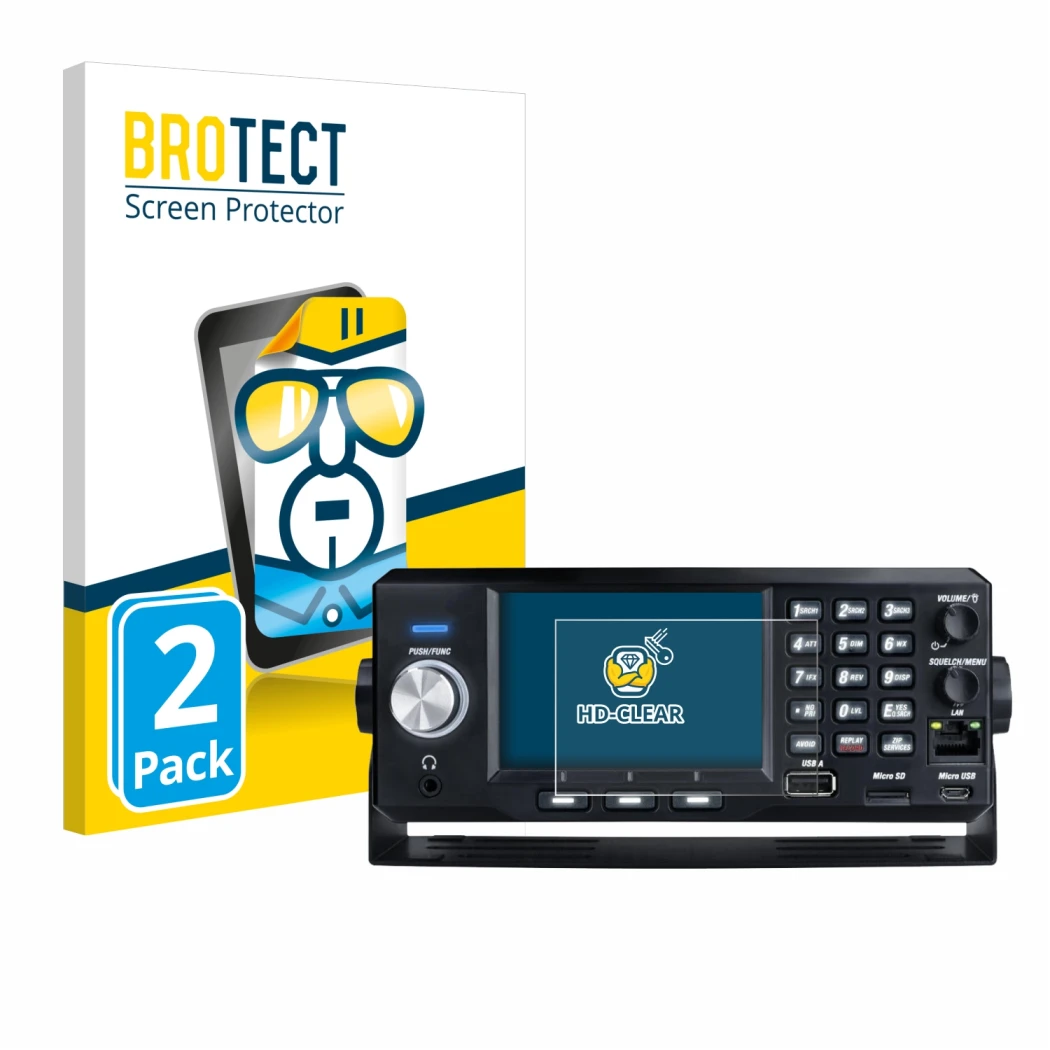 Parte frontale di una confezione del prodotto con il logo del marchio BROTECT. Accanto è raffigurato il dispositivo Uniden SDS