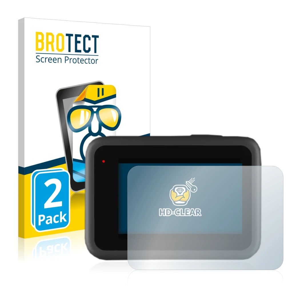 Parte frontale di una confezione del prodotto con il logo del marchio BROTECT. Accanto è raffigurato il dispositivo GoPro Hero