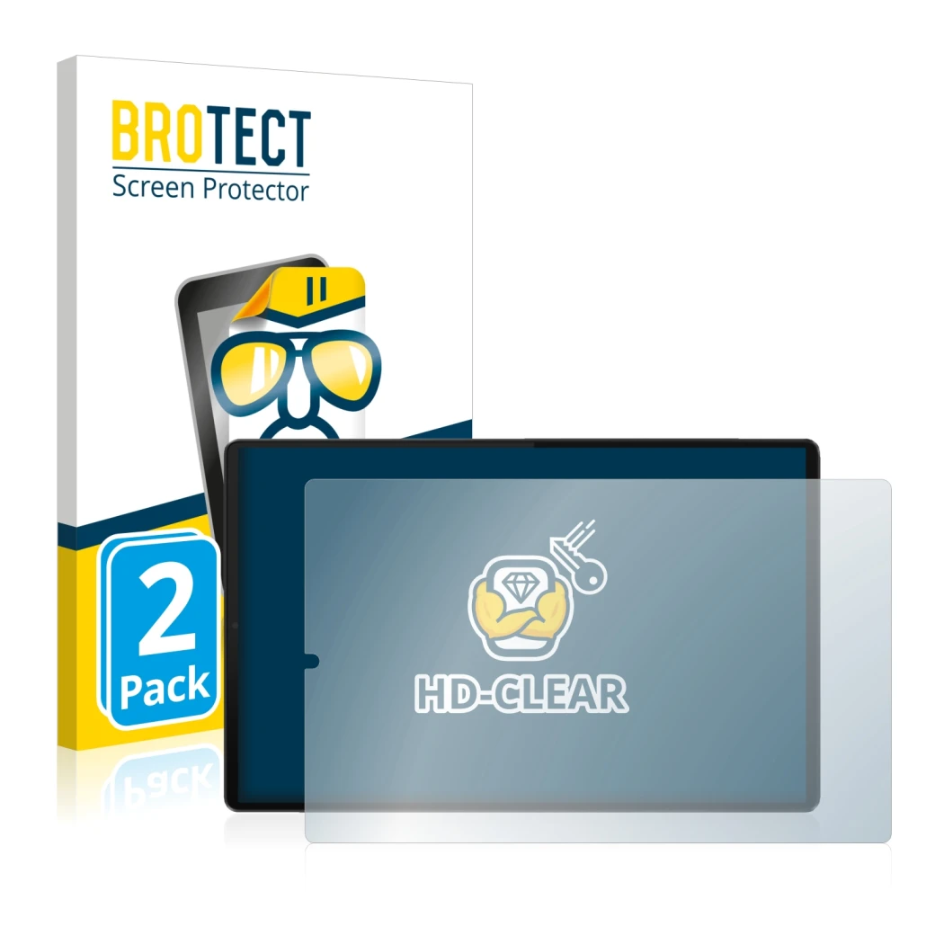 Parte frontale di una confezione del prodotto con il logo del marchio BROTECT. Accanto è raffigurato il dispositivo Lenovo Tab