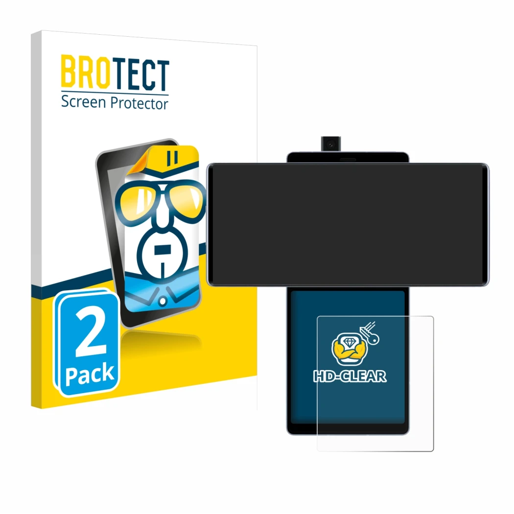 Parte frontale di una confezione del prodotto con il logo del marchio BROTECT. Accanto è raffigurato il dispositivo LG Wing (D