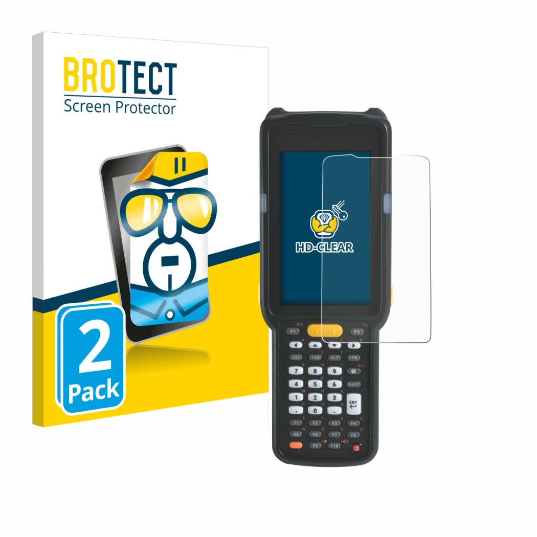 Parte frontale di una confezione del prodotto con il logo del marchio BROTECT. Accanto è raffigurato il dispositivo Zebra MC33