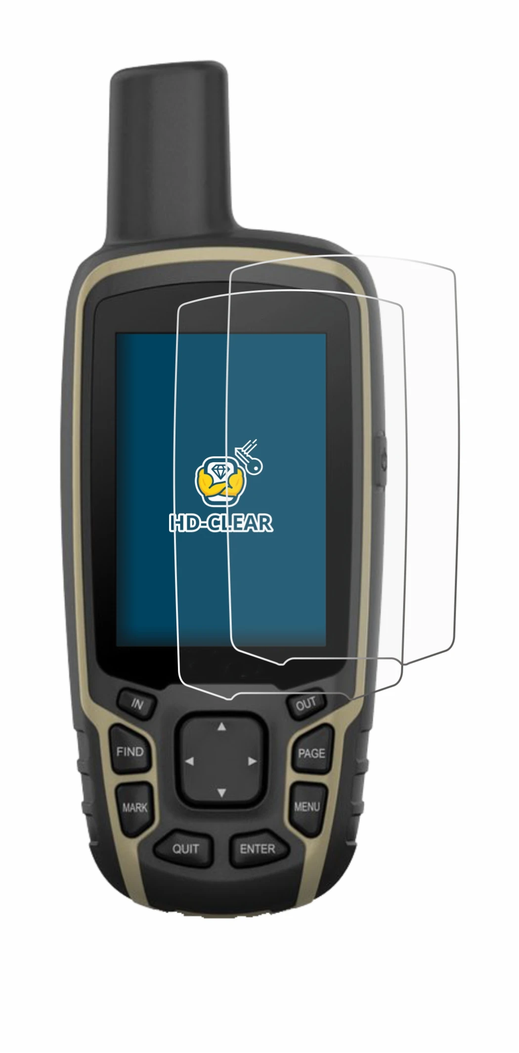 Immagine del dispositivo Garmin GPSMAP 65s con un'ampia varietà di protezioni per lo schermo.