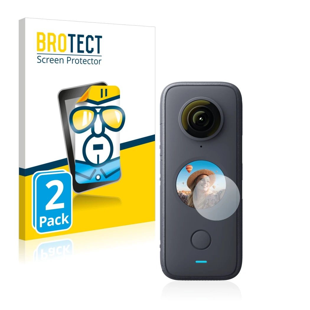 Parte frontale di una confezione del prodotto con il logo del marchio BROTECT. Accanto è raffigurato il dispositivo Insta360 O