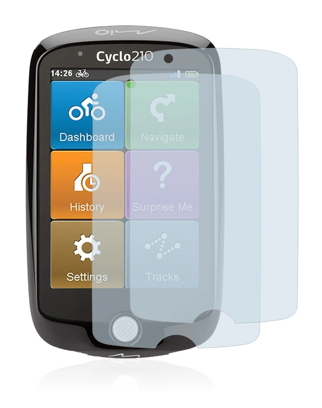 Immagine del dispositivo Mio Cyclo 210 con un'ampia varietà di protezioni per lo schermo.