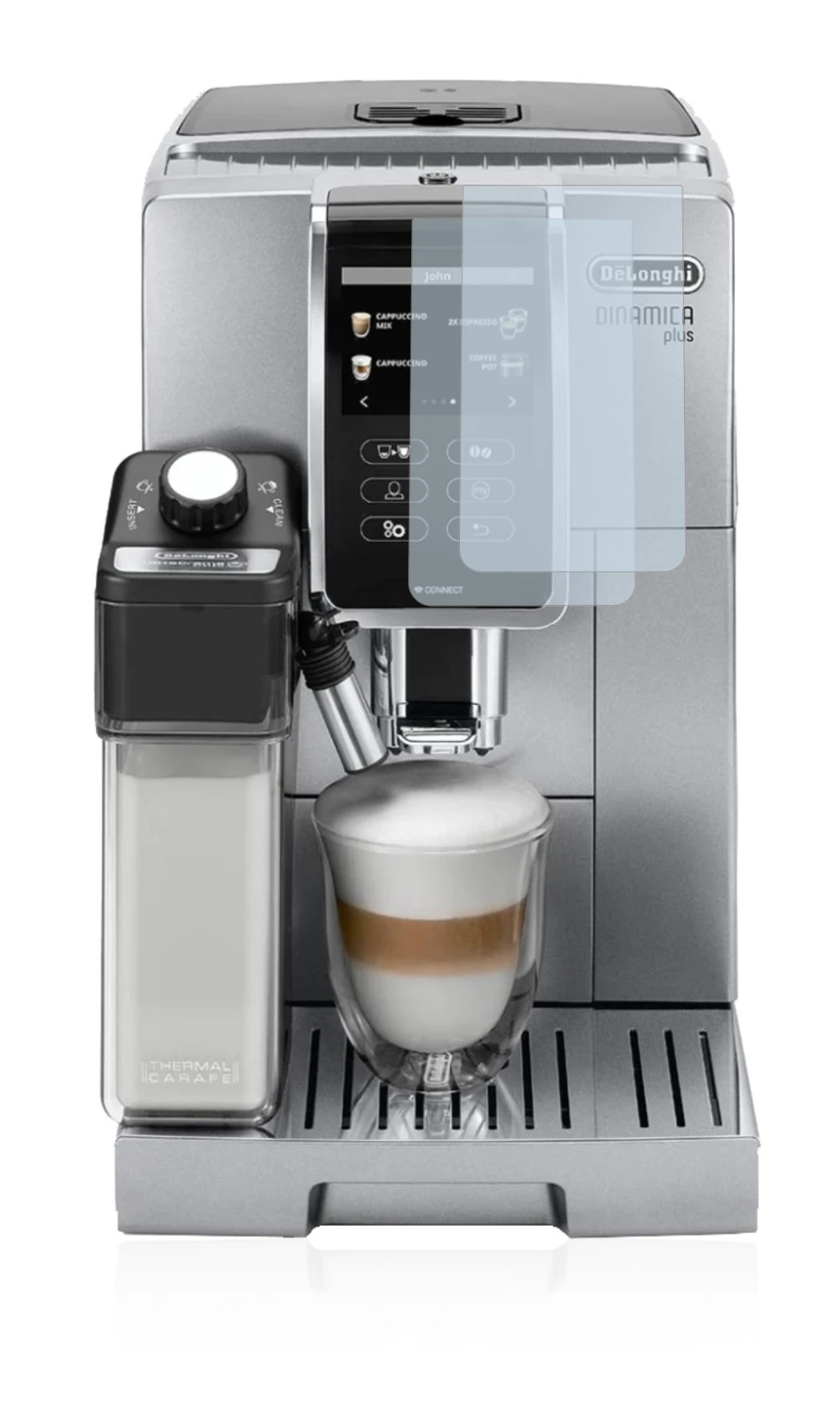 Immagine del dispositivo DeLonghi Dinamica Plus ECAM370.95.T con un'ampia varietà di protezioni per lo schermo.