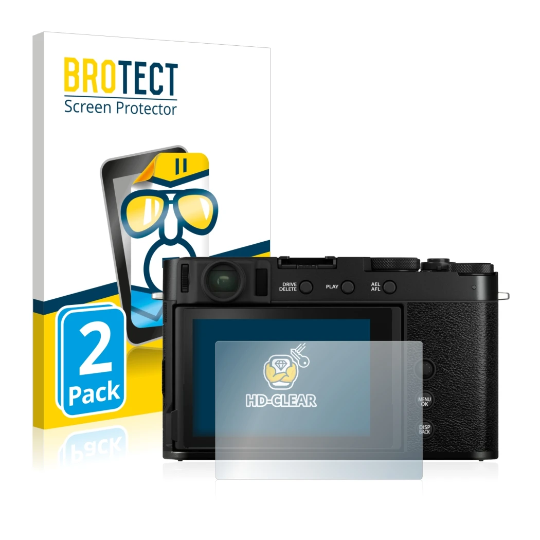 Parte frontale di una confezione del prodotto con il logo del marchio BROTECT. Accanto è raffigurato il dispositivo Fujifilm X