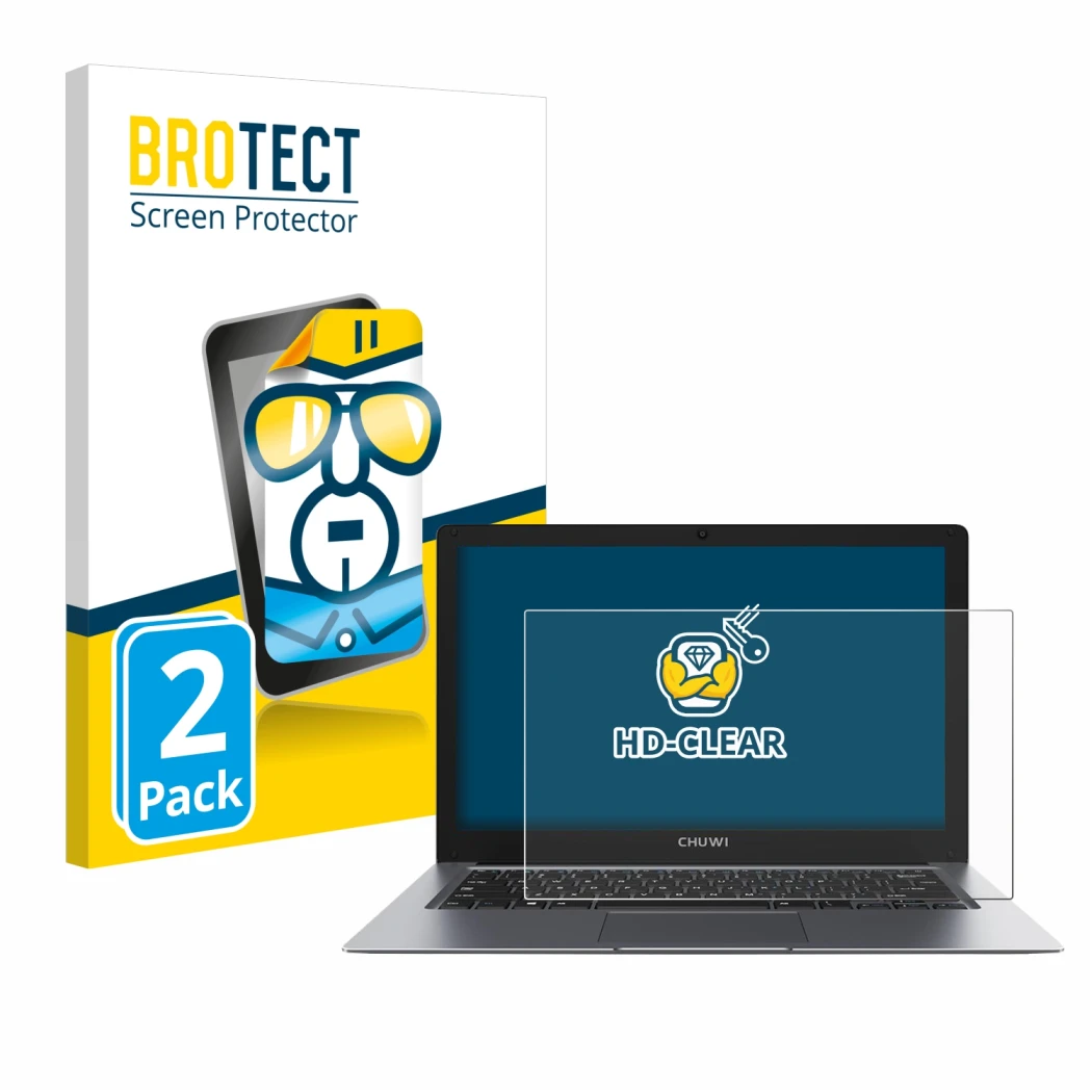 Parte frontale di una confezione del prodotto con il logo del marchio BROTECT. Accanto è raffigurato il dispositivo Chuwi Hero