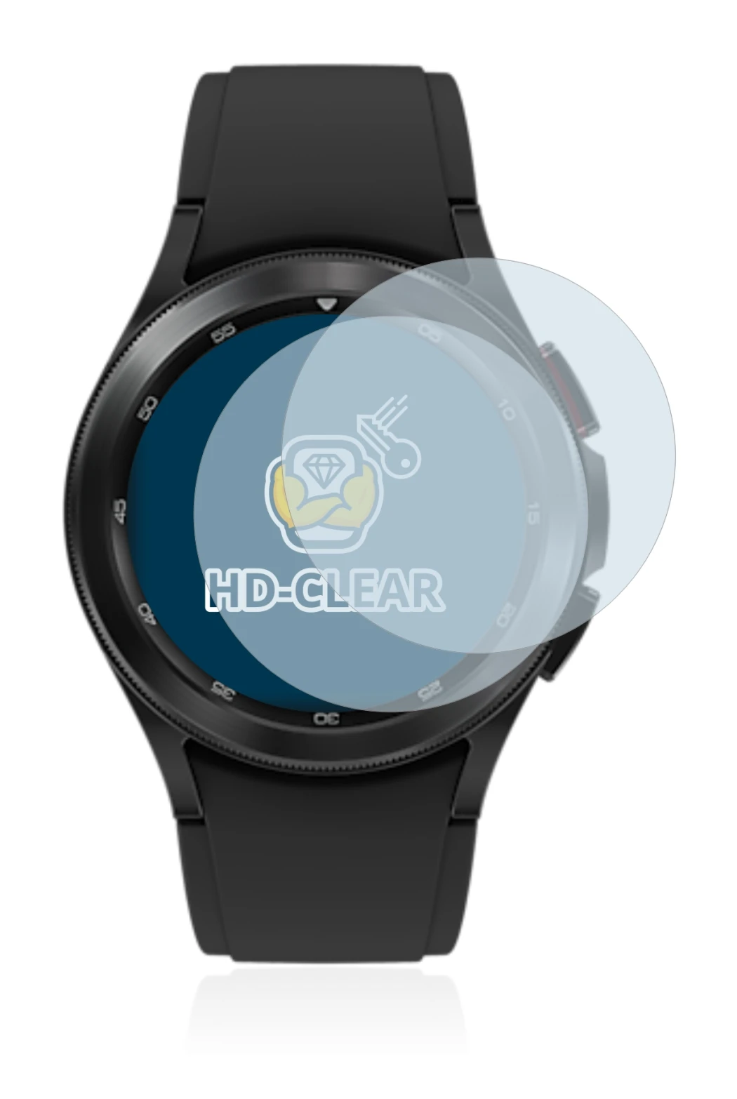 Immagine del dispositivo Samsung Galaxy Watch 4 Classic (42mm) con un'ampia varietà di protezioni per lo schermo.