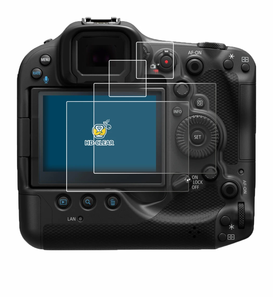 Immagine del dispositivo Canon EOS R3 con un'ampia varietà di protezioni per lo schermo.
