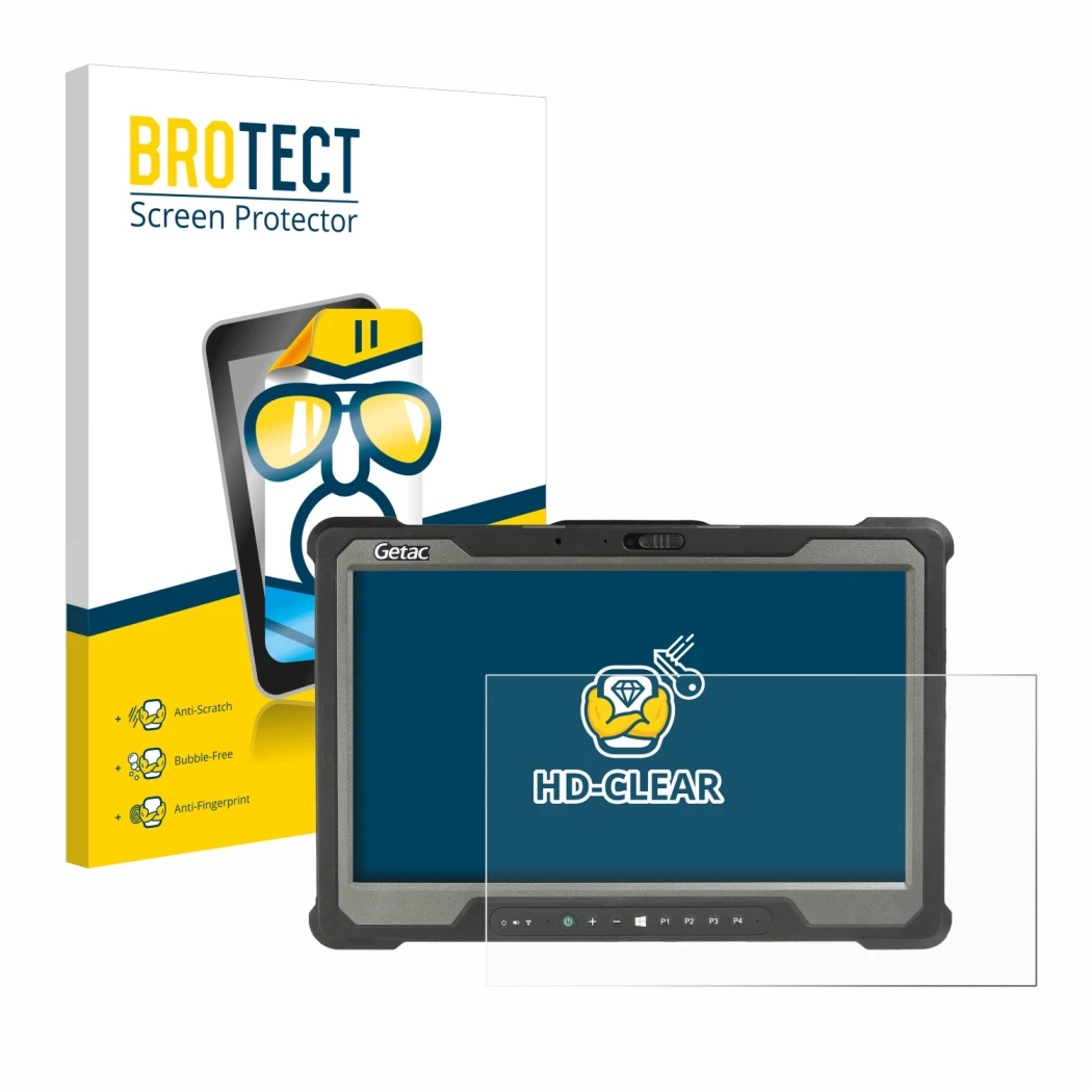 Parte frontale di una confezione del prodotto con il logo del marchio BROTECT. Accanto è raffigurato il dispositivo Getac A140