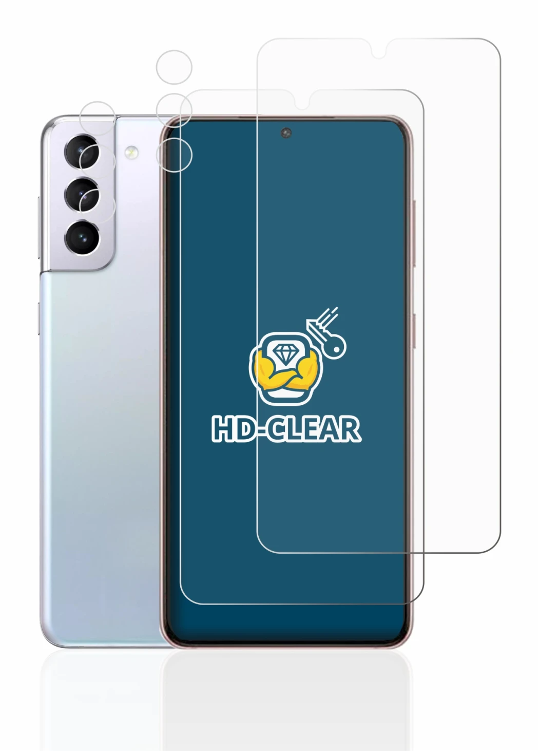 Immagine del dispositivo Samsung Galaxy S21 5G (Fronte+Fotocamera) con un'ampia varietà di protezioni per lo schermo.