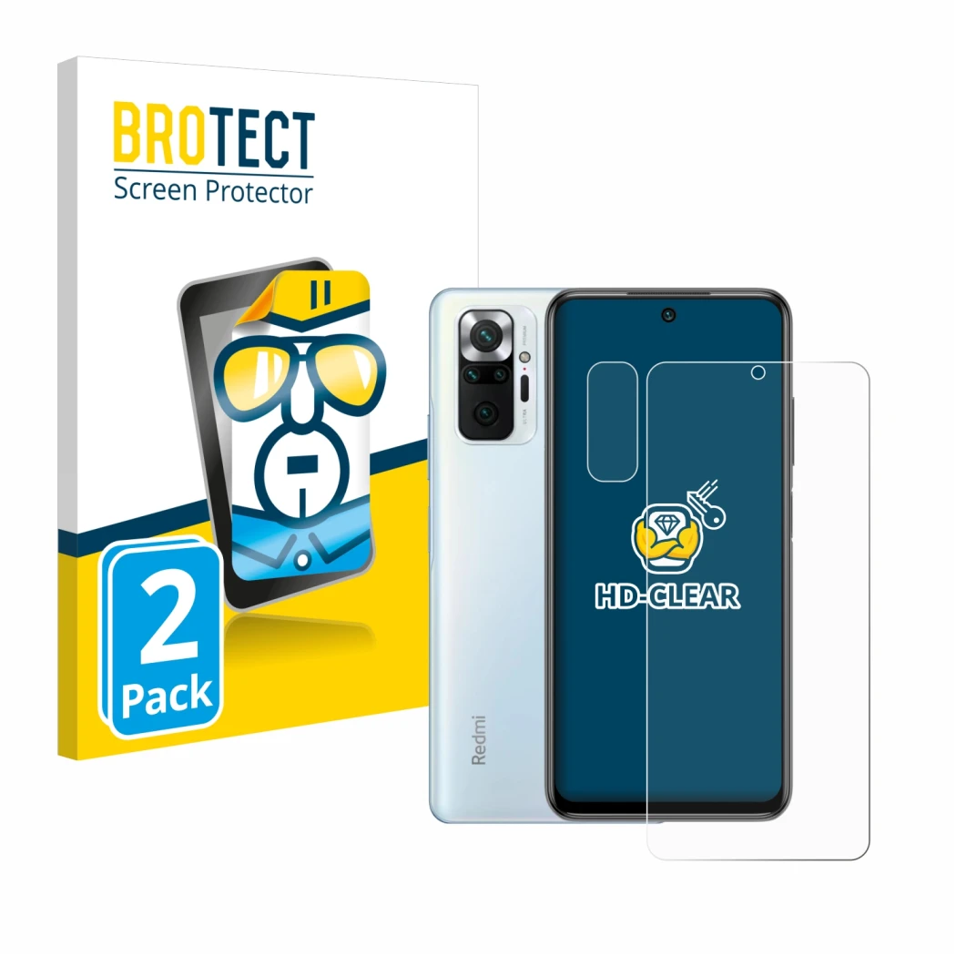 Parte frontale di una confezione del prodotto con il logo del marchio BROTECT. Accanto è raffigurato il dispositivo Xiaomi Red