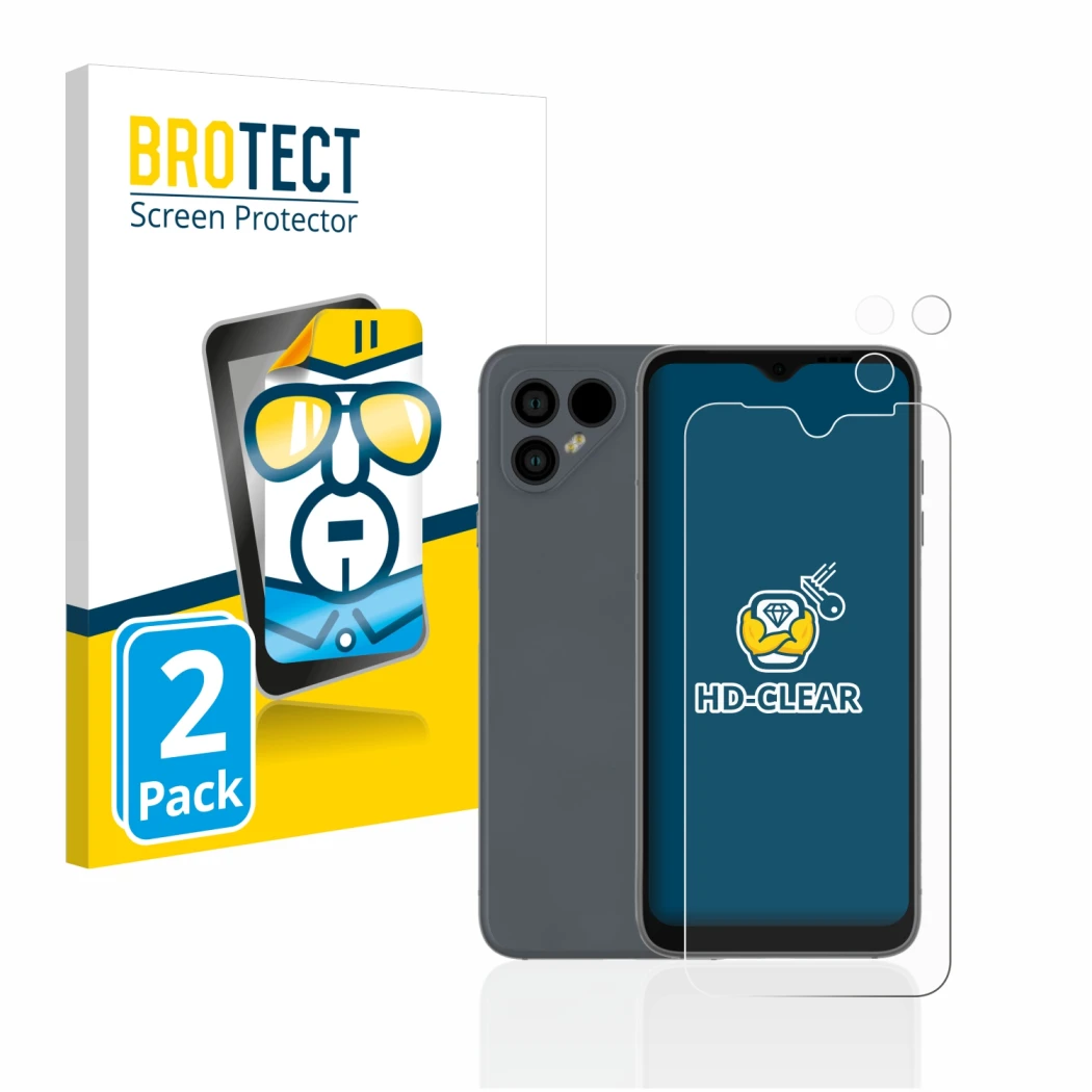 Parte frontale di una confezione del prodotto con il logo del marchio BROTECT. Accanto è raffigurato il dispositivo Fairphone 