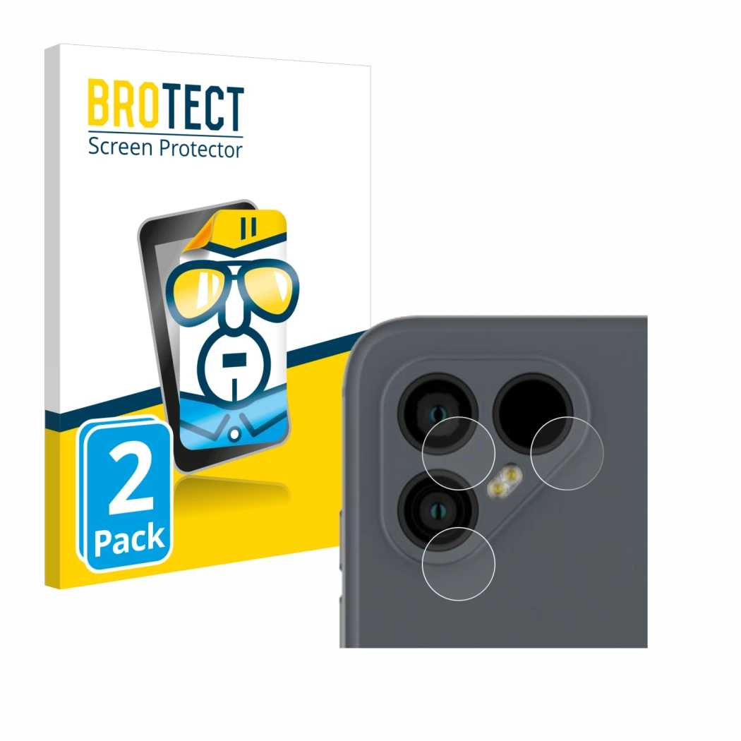 Parte frontale di una confezione del prodotto con il logo del marchio BROTECT. Accanto è raffigurato il dispositivo Fairphone