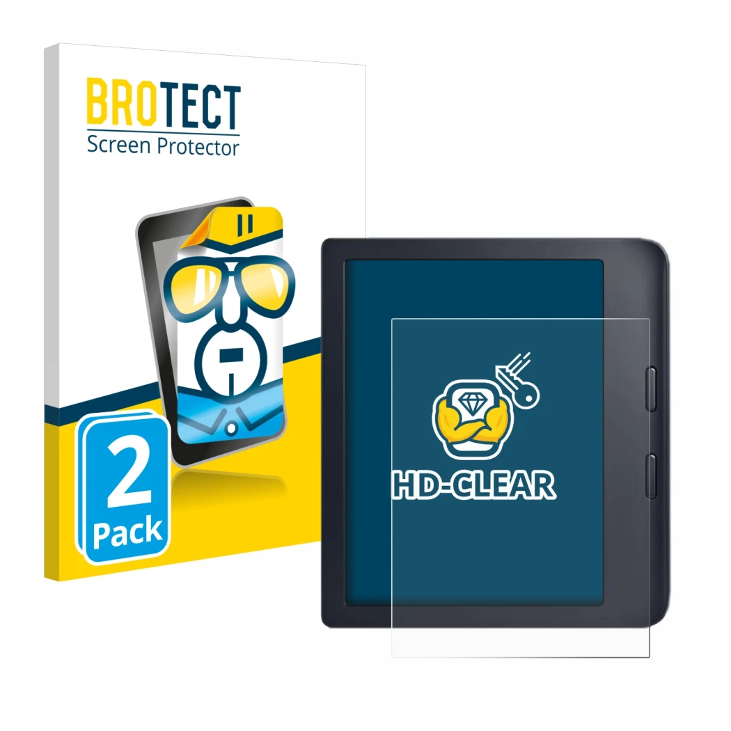 Parte frontale di una confezione del prodotto con il logo del marchio BROTECT. Accanto è raffigurato il dispositivo Kobo Libra
