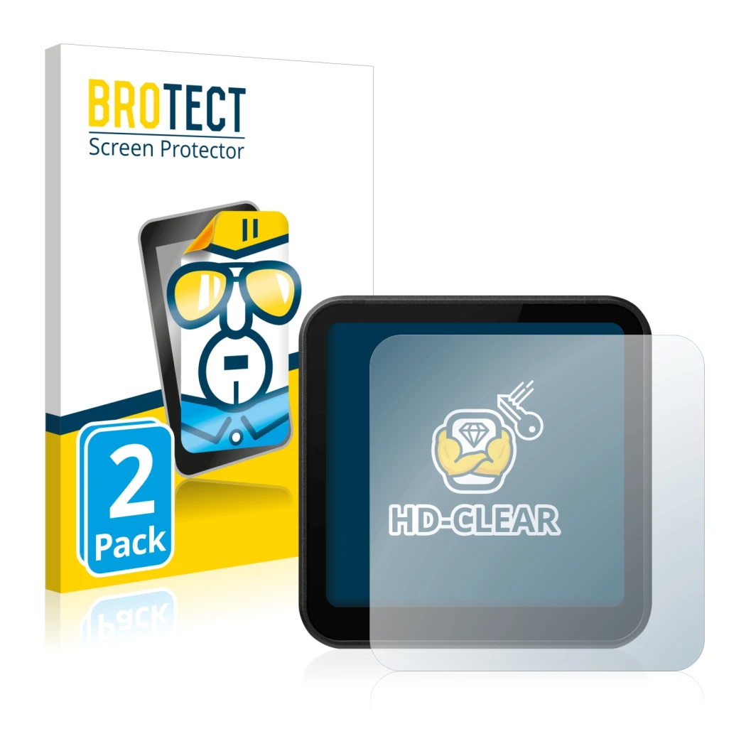 Parte frontale di una confezione del prodotto con il logo del marchio BROTECT. Accanto è raffigurato il dispositivo DJI Action