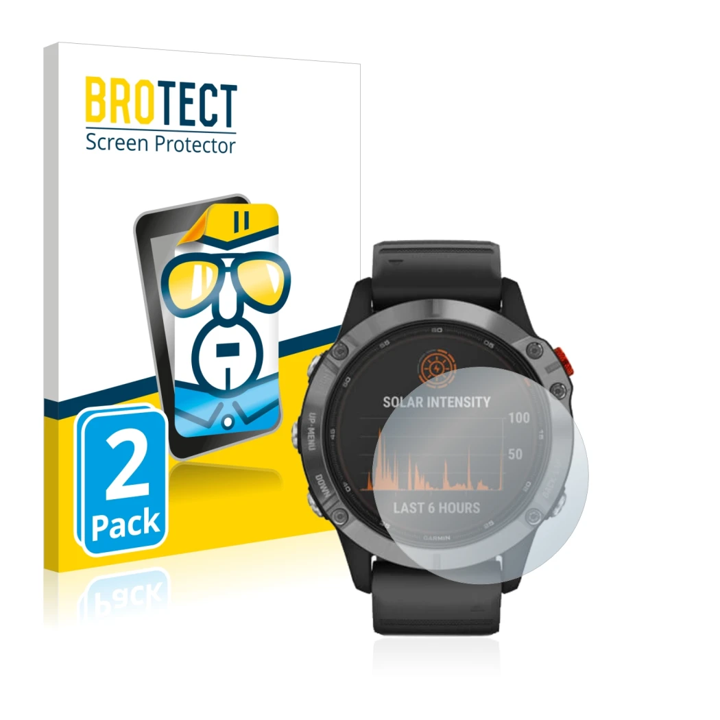 Parte frontale di una confezione del prodotto con il logo del marchio BROTECT. Accanto è raffigurato il dispositivo Garmin Fen