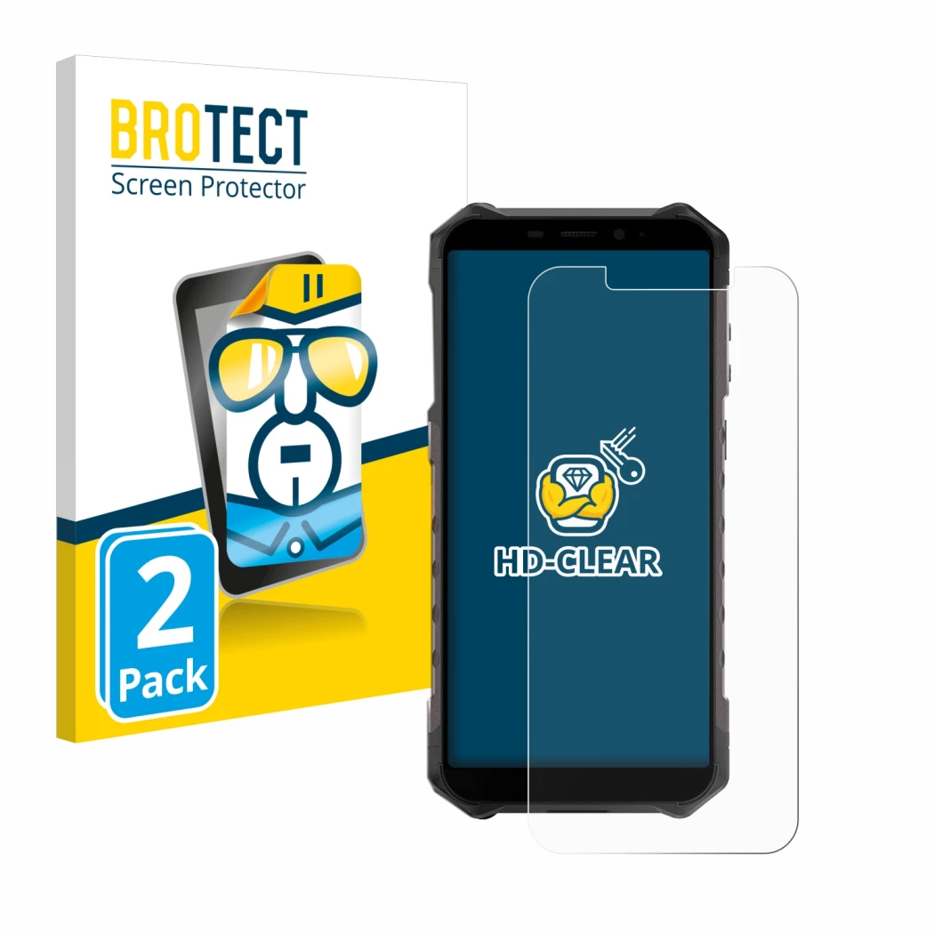 Parte frontale di una confezione del prodotto con il logo del marchio BROTECT. Accanto è raffigurato il dispositivo Ulefone Ar