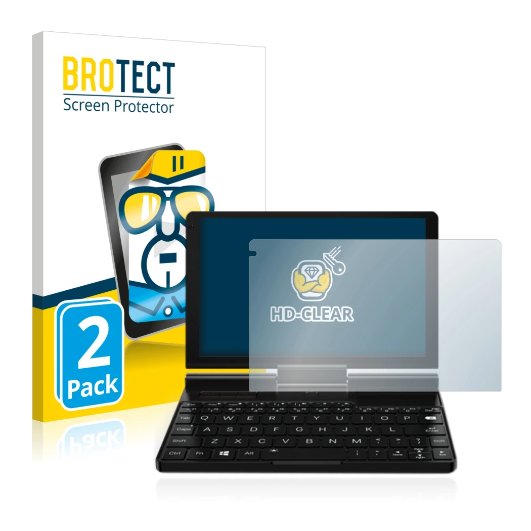 Parte frontale di una confezione del prodotto con il logo del marchio BROTECT. Accanto è raffigurato il dispositivo GPD Pocket
