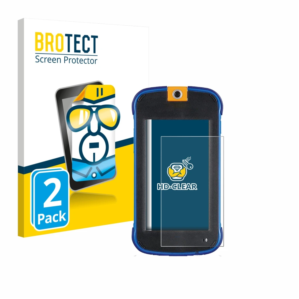 Parte frontale di una confezione del prodotto con il logo del marchio BROTECT. Accanto è raffigurato il dispositivo Vtech Kidi