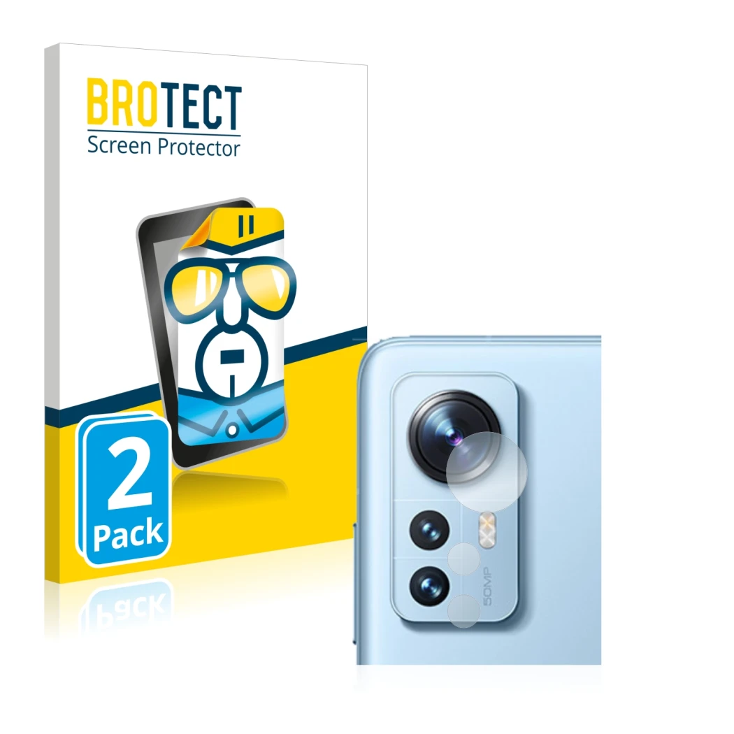 Parte frontale di una confezione del prodotto con il logo del marchio BROTECT. Accanto è raffigurato il dispositivo Xiaomi 12 