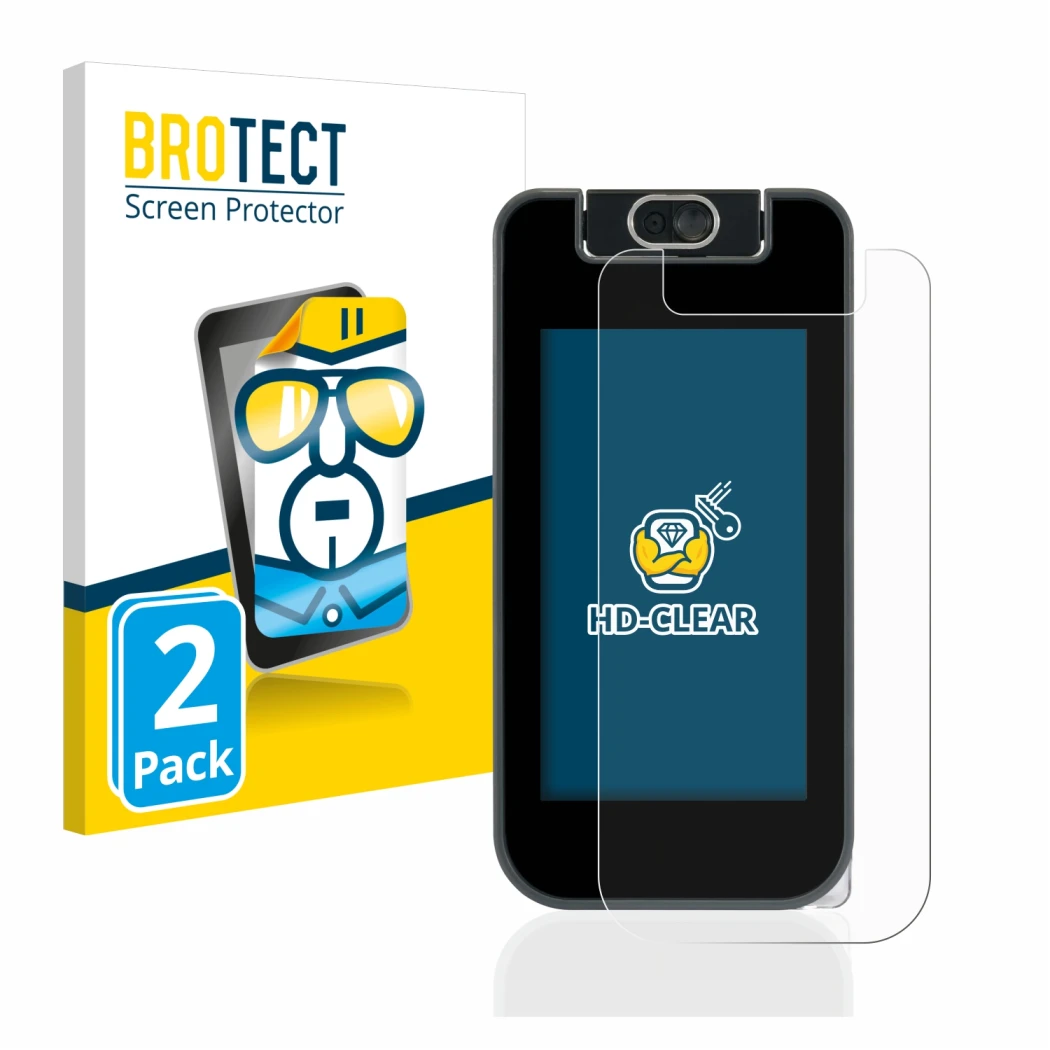 Parte frontale di una confezione del prodotto con il logo del marchio BROTECT. Accanto è raffigurato il dispositivo Vtech Kidi