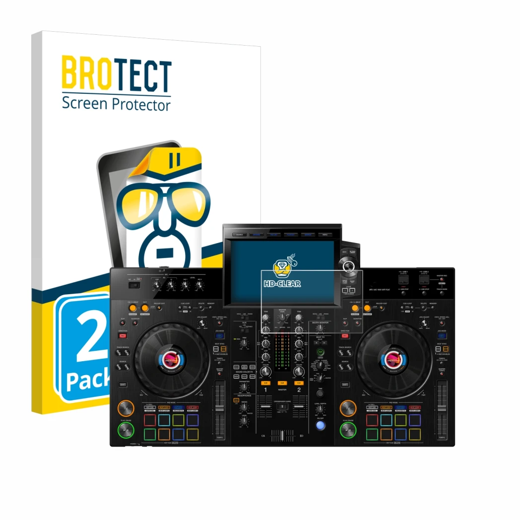 Parte frontale di una confezione del prodotto con il logo del marchio BROTECT. Accanto è raffigurato il dispositivo Pioneer XD