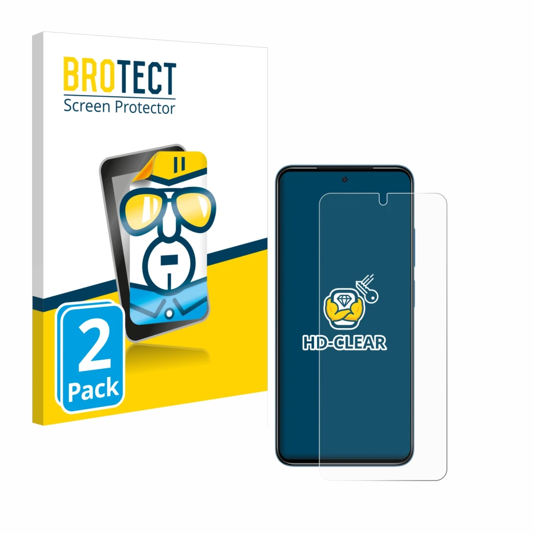 Parte frontale di una confezione del prodotto con il logo del marchio BROTECT. Accanto è raffigurato il dispositivo Xiaomi Red