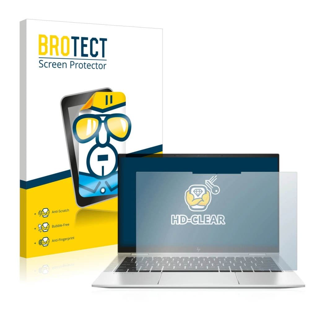 Parte frontale di una confezione del prodotto con il logo del marchio BROTECT. Accanto è raffigurato il dispositivo HP EliteBo