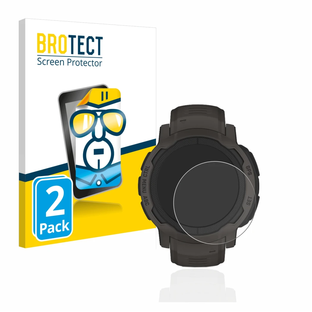 Parte frontale di una confezione del prodotto con il logo del marchio BROTECT. Accanto è raffigurato il dispositivo Garmin Ins