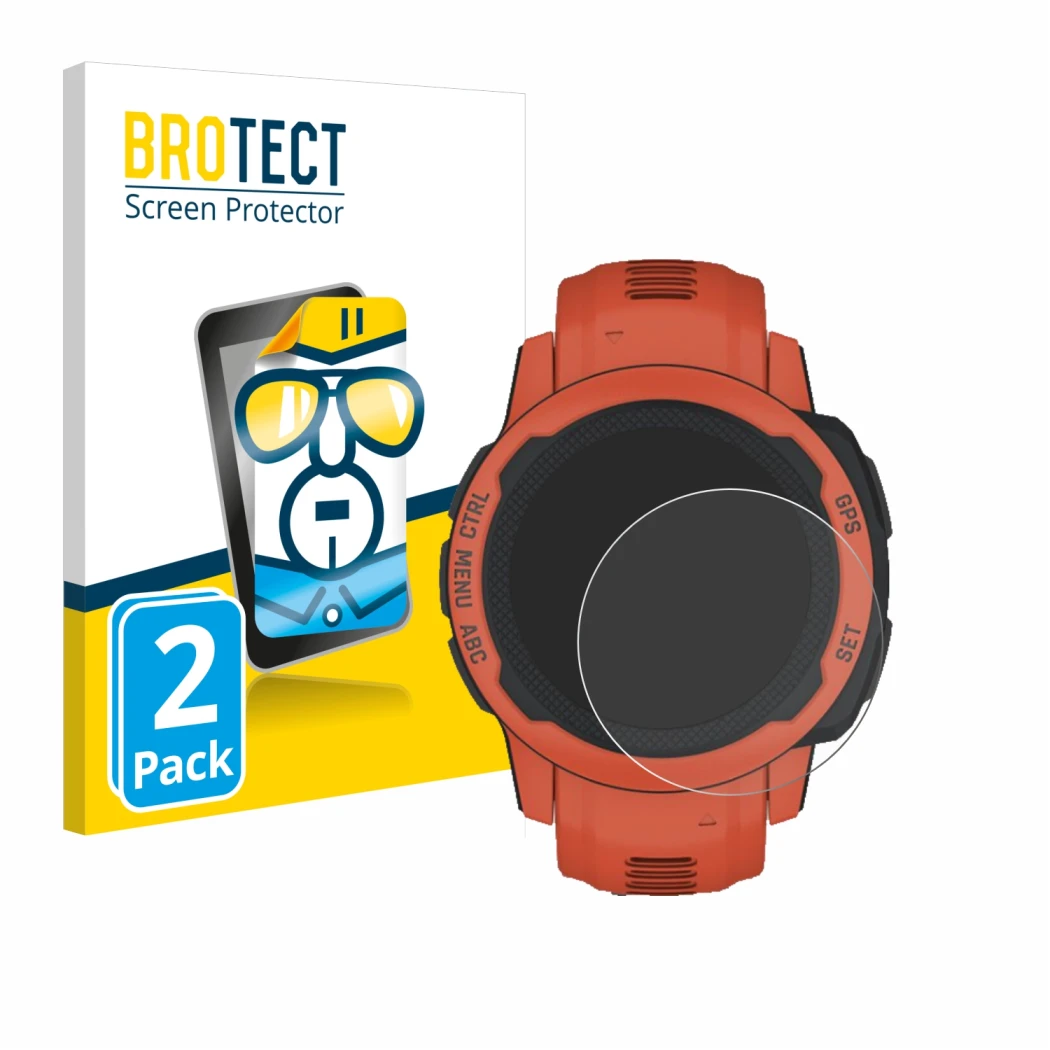 Parte frontale di una confezione del prodotto con il logo del marchio BROTECT. Accanto è raffigurato il dispositivo Garmin Ins