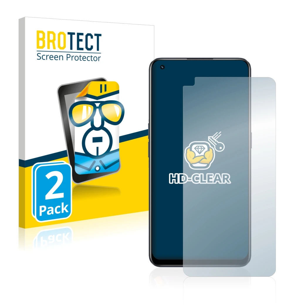Parte frontale di una confezione del prodotto con il logo del marchio BROTECT. Accanto è raffigurato il dispositivo realme 9 P