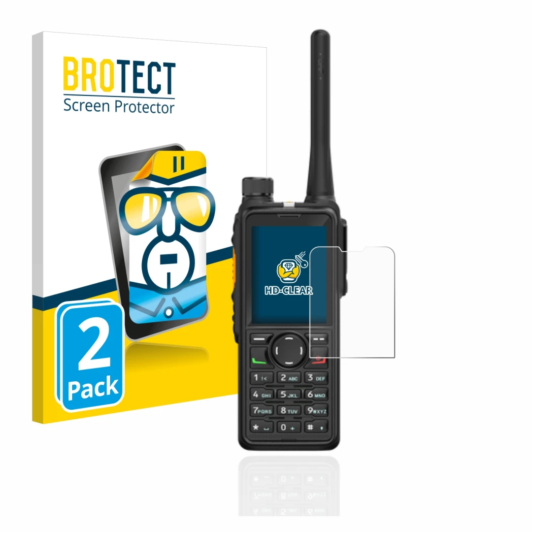 Parte frontale di una confezione del prodotto con il logo del marchio BROTECT. Accanto è raffigurato il dispositivo Hytera HP7