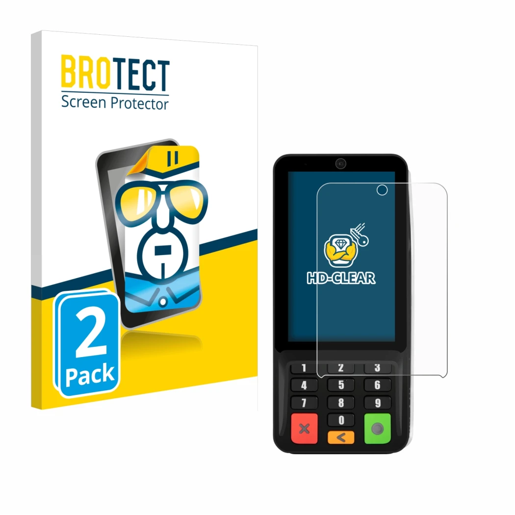 Parte frontale di una confezione del prodotto con il logo del marchio BROTECT. Accanto è raffigurato il dispositivo Pax A35 co