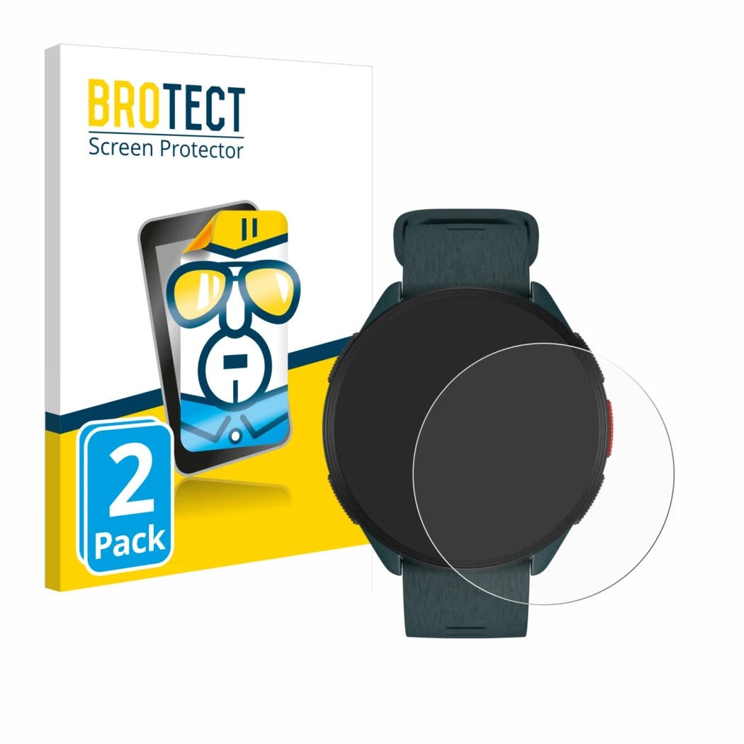 Parte frontale di una confezione del prodotto con il logo del marchio BROTECT. Accanto è raffigurato il dispositivo Polar Pace