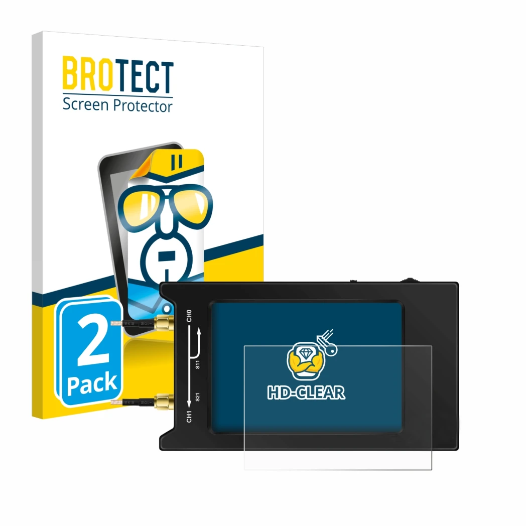 Parte frontale di una confezione del prodotto con il logo del marchio BROTECT. Accanto è raffigurato il dispositivo NanoVNA H4