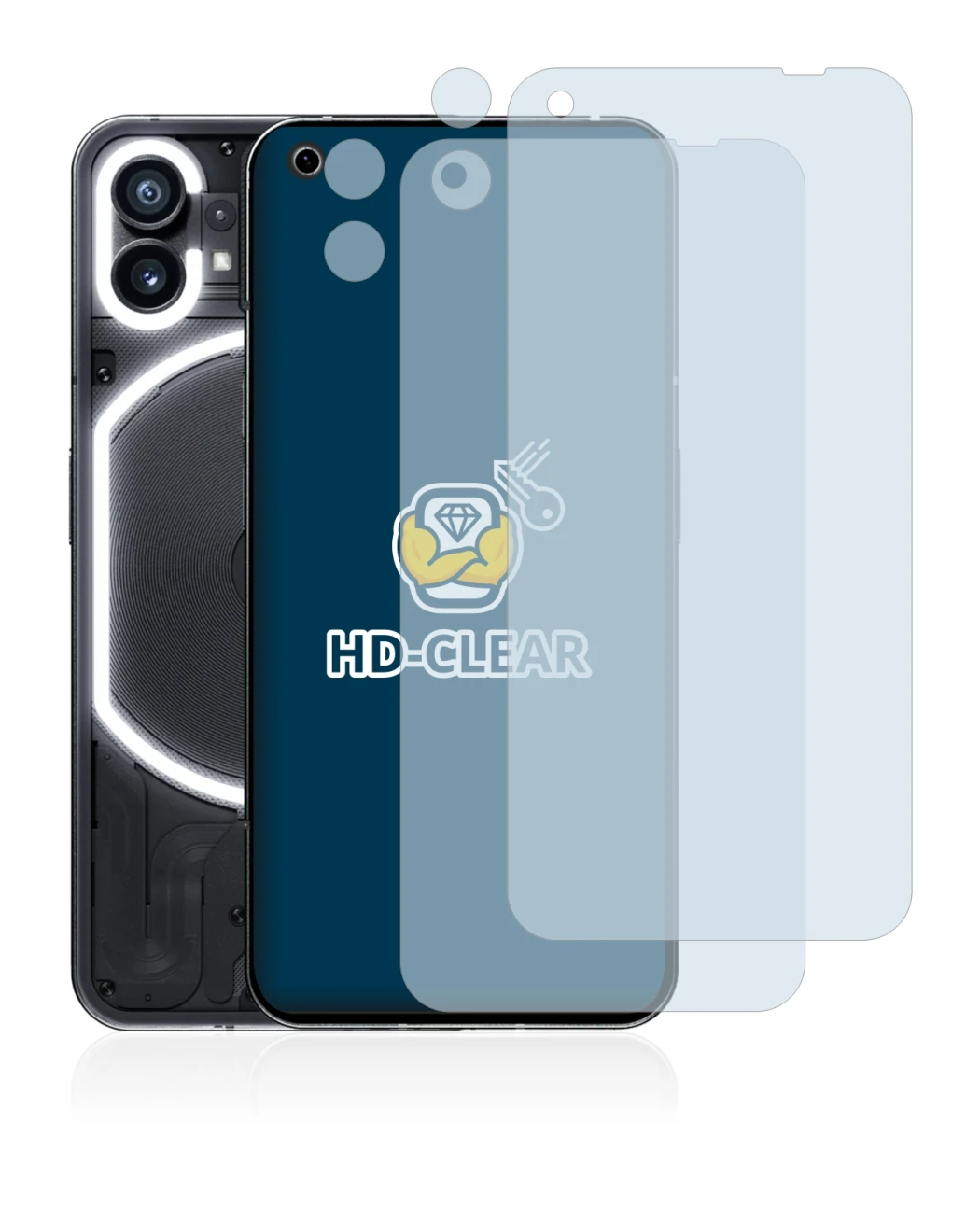 Immagine del dispositivo Nothing Phone (1) (Fronte+Fotocamera) con un'ampia varietà di protezioni per lo schermo.